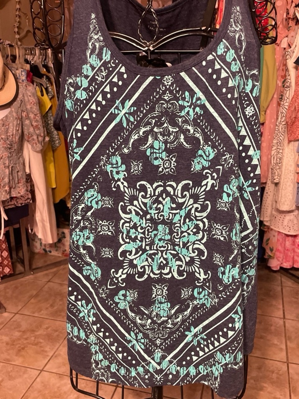 Women's Navy Tank Top with Teal Floral Medallion Print